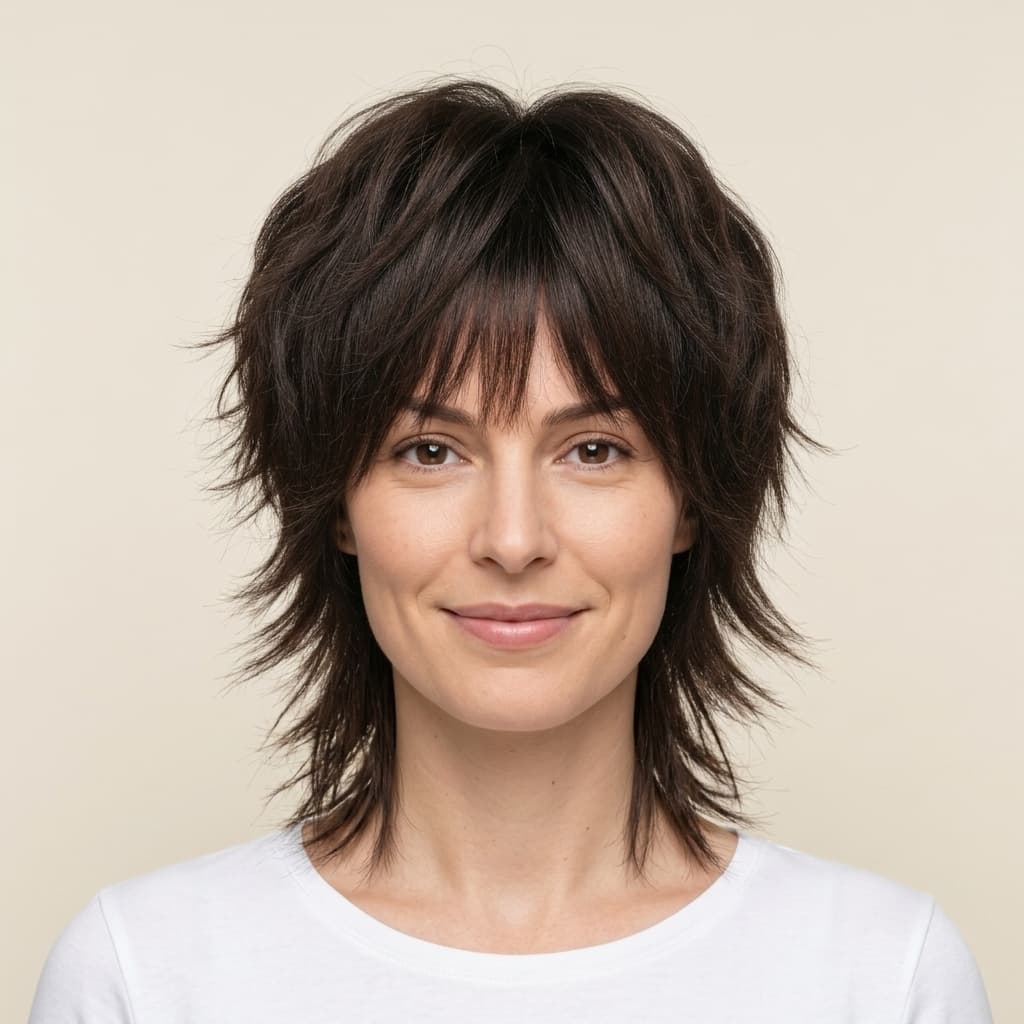 After — K-pop hairstyle wolf cut curtain bangs mullet two-block haircut virtual try-on result on real body, AI generated