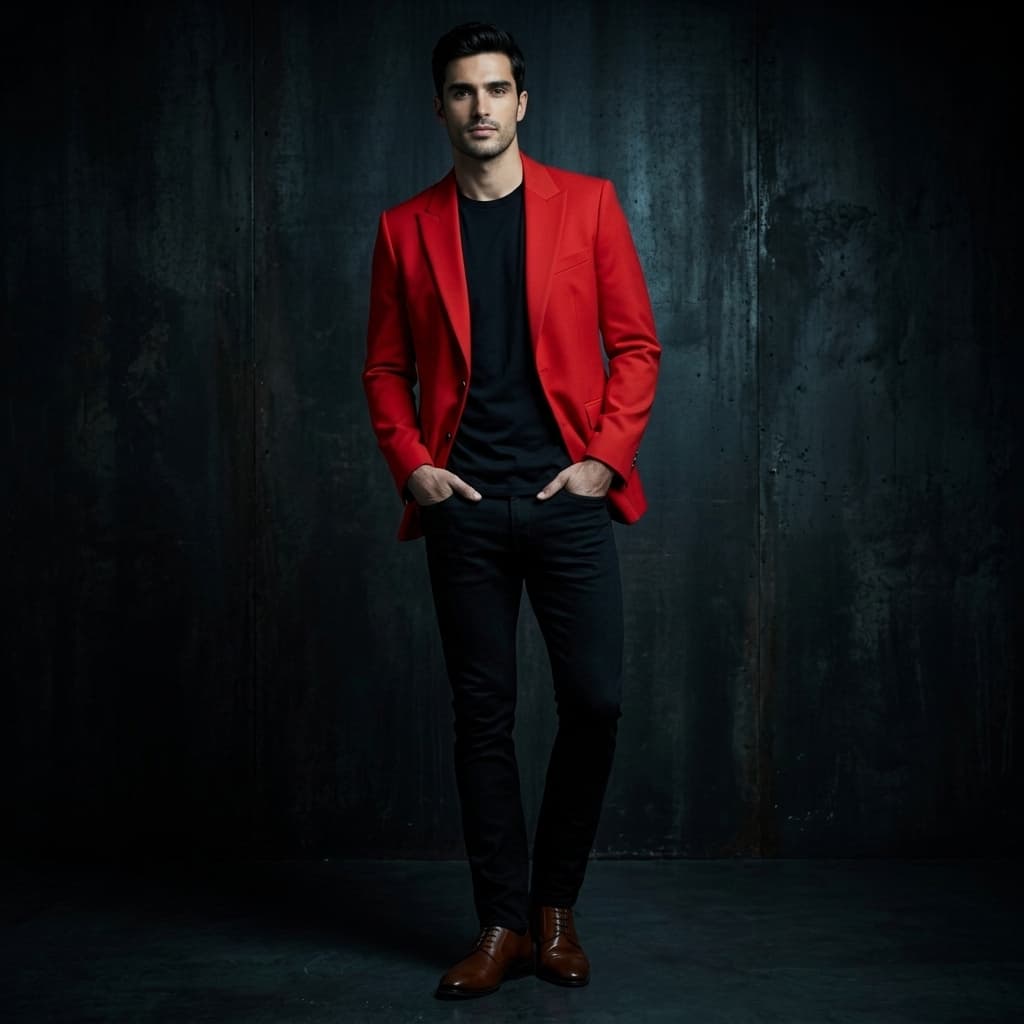 After — The Weeknd concert outfit After Hours red suit Dawn FM fashion virtual try-on result on real body, AI generated