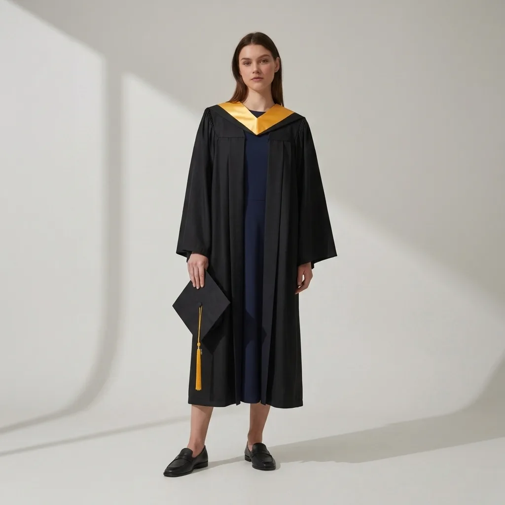 After — graduation gown + cap + hood upload your photo + your university's regalia see e virtual try-on result on real body, AI generated