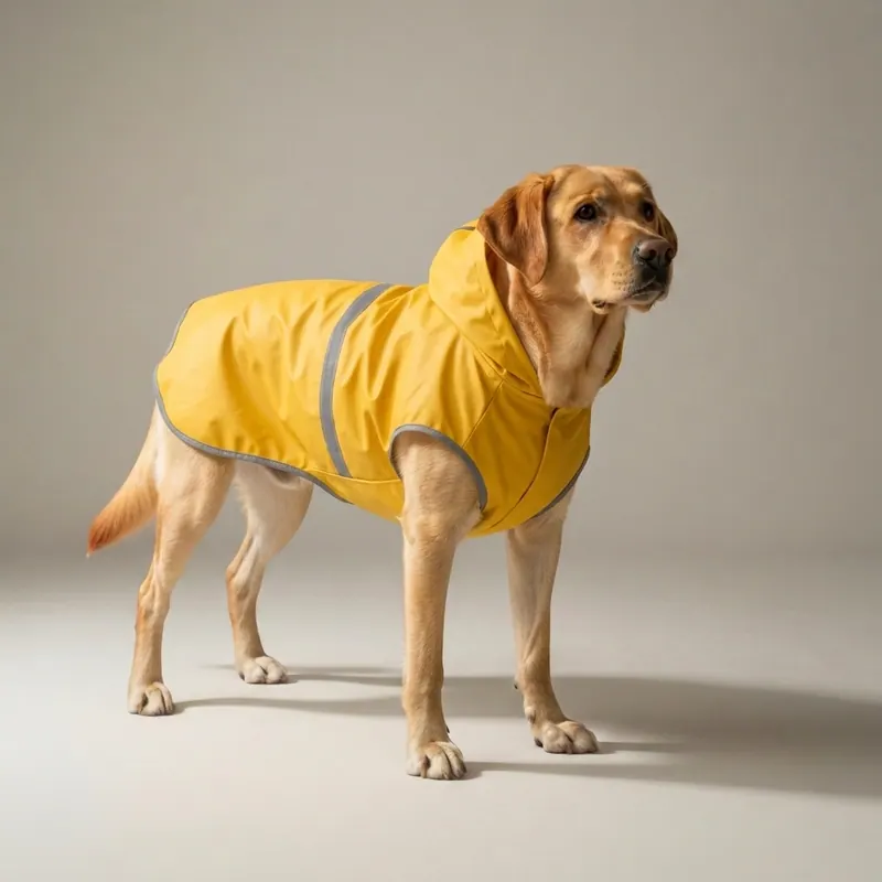 After — raincoat for dachshund miniature long body small virtual try-on result on real body, AI generated
