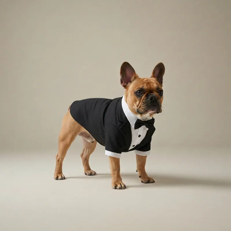 After — dog tuxedo for chihuahua wedding small boy virtual try-on result on real body, AI generated