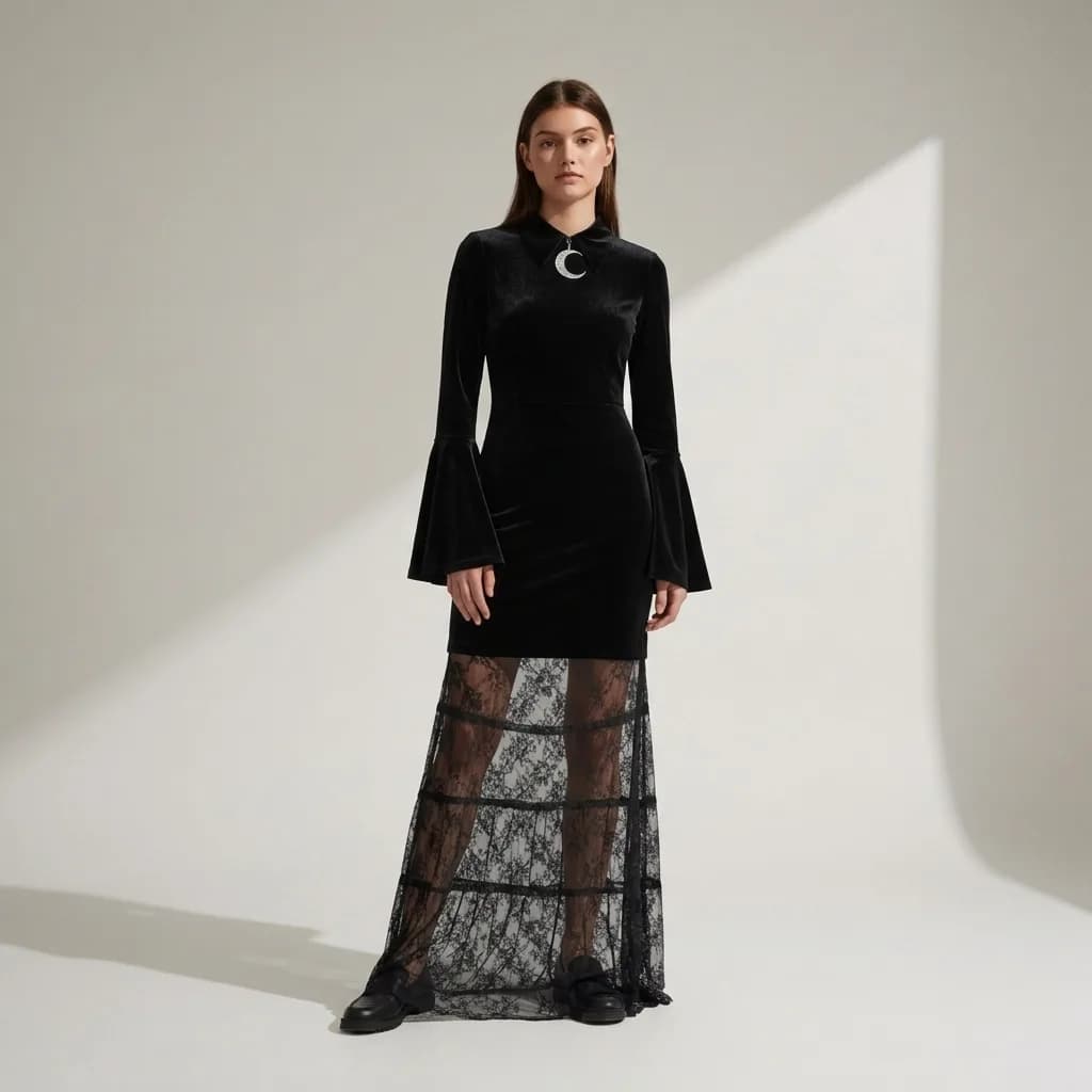 After — witchcore, cybergoth, fairycore, whimsigoth upload the velvet / neon / silk piec virtual try-on result on real body, AI generated