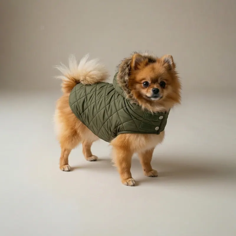 After — winter coat for westie white small breed virtual try-on result on real body, AI generated After — winter coat for westie white small breed virtual try-on result on real body, AI generated