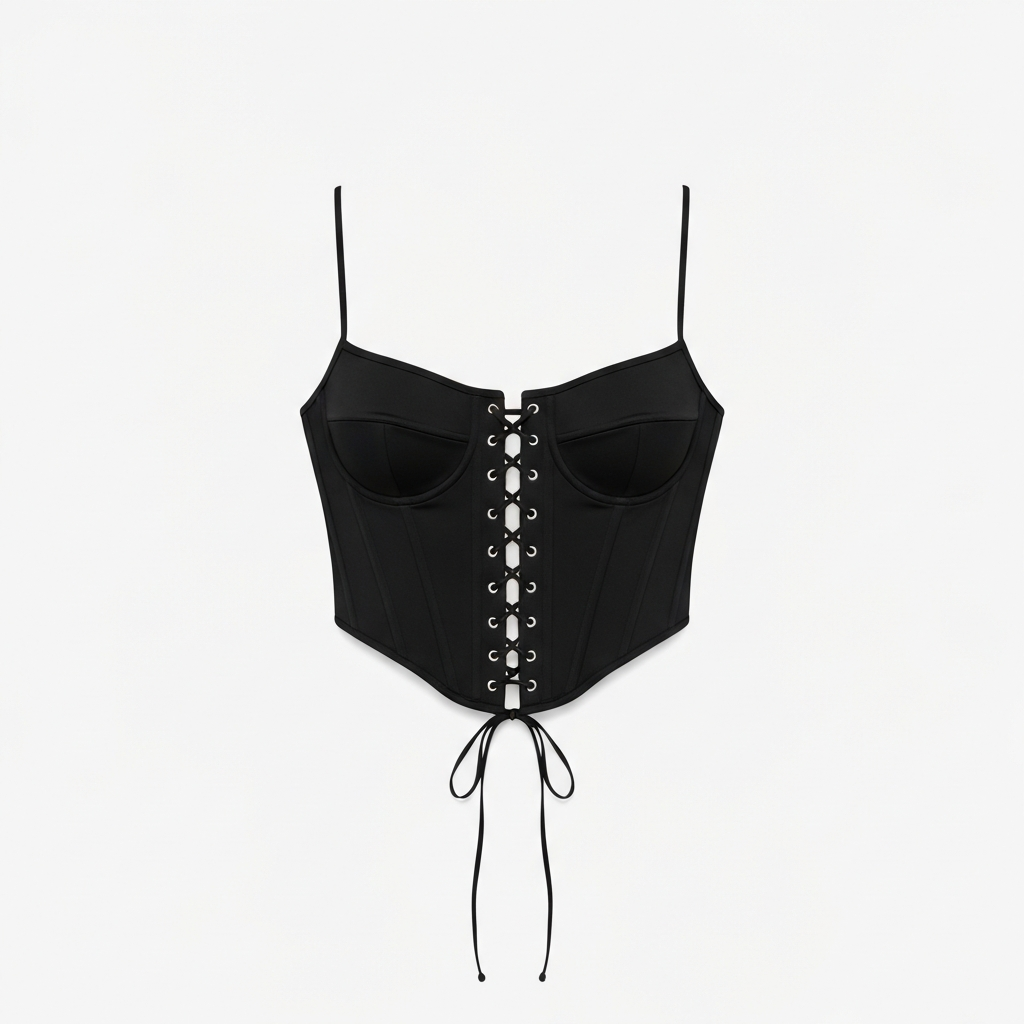 BLACKPINK black structured corset reference — AI try-on