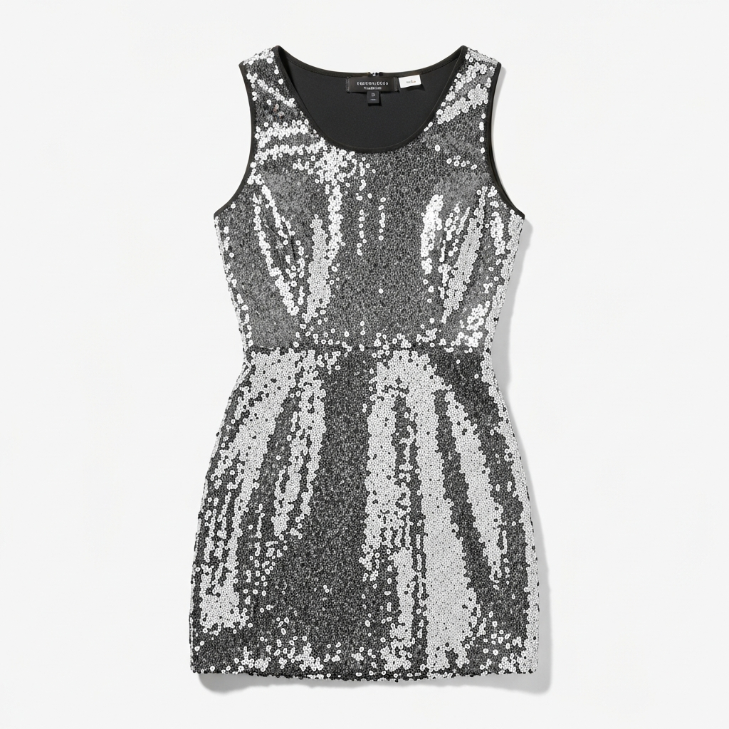 Dua Lipa Future Nostalgia silver sequined disco mini reference — AI try-on