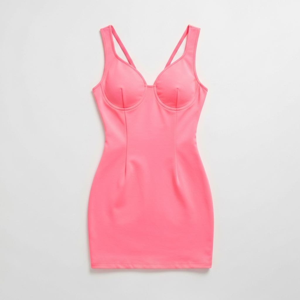 Karol G Bichota neon-pink body-con mini dress reference — AI try-on