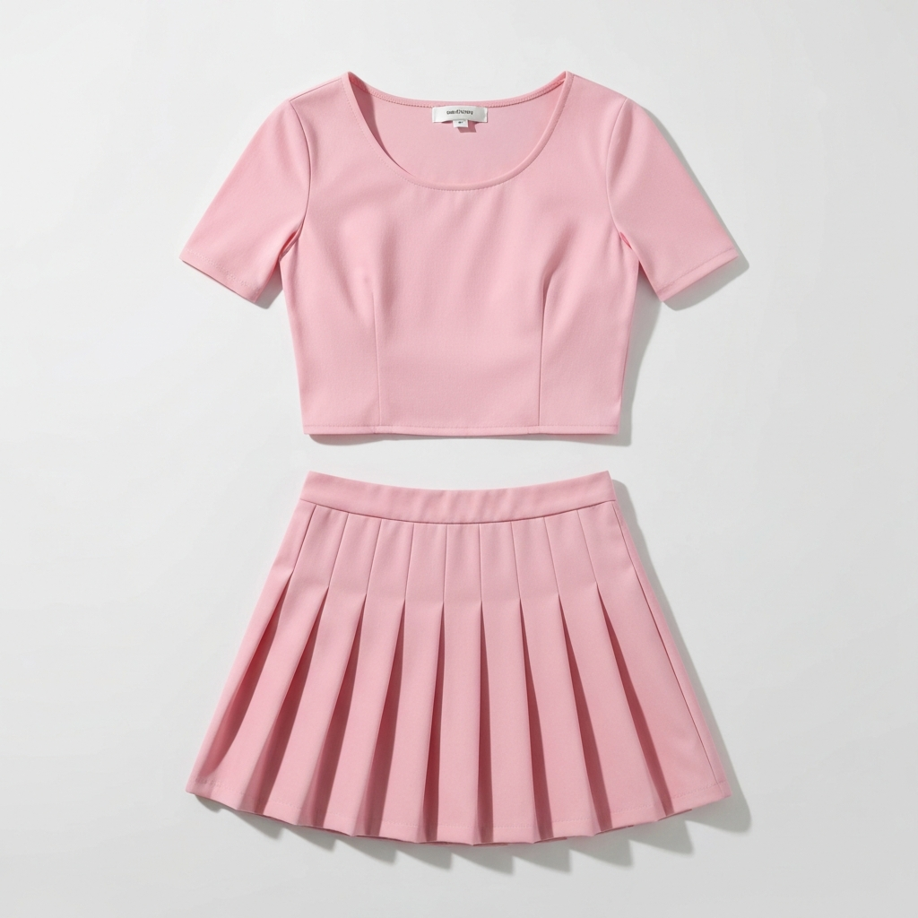 K-pop concert pink crop top and pleated skirt set reference — AI try-on