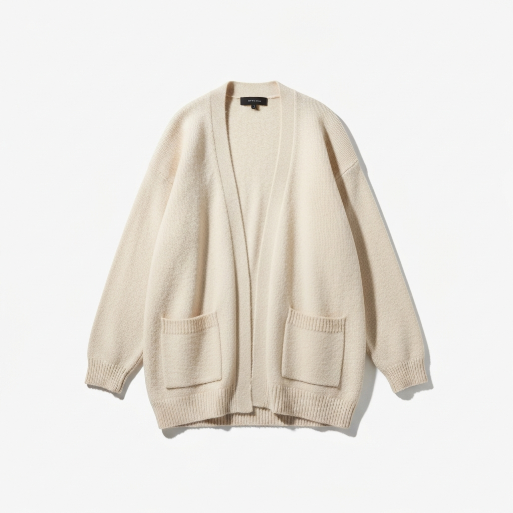 K-pop airport oversized cream cardigan reference — AI try-on