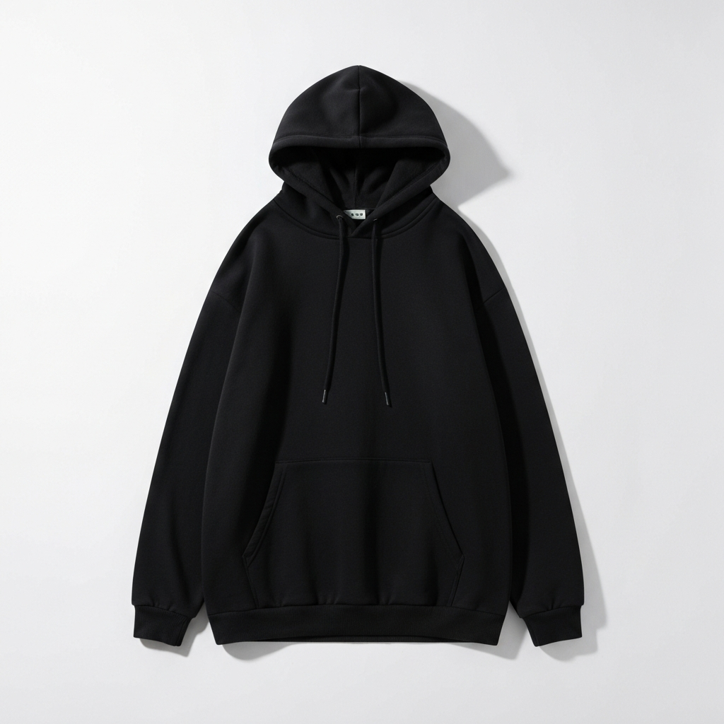 K-pop men oversized black hoodie reference — AI try-on