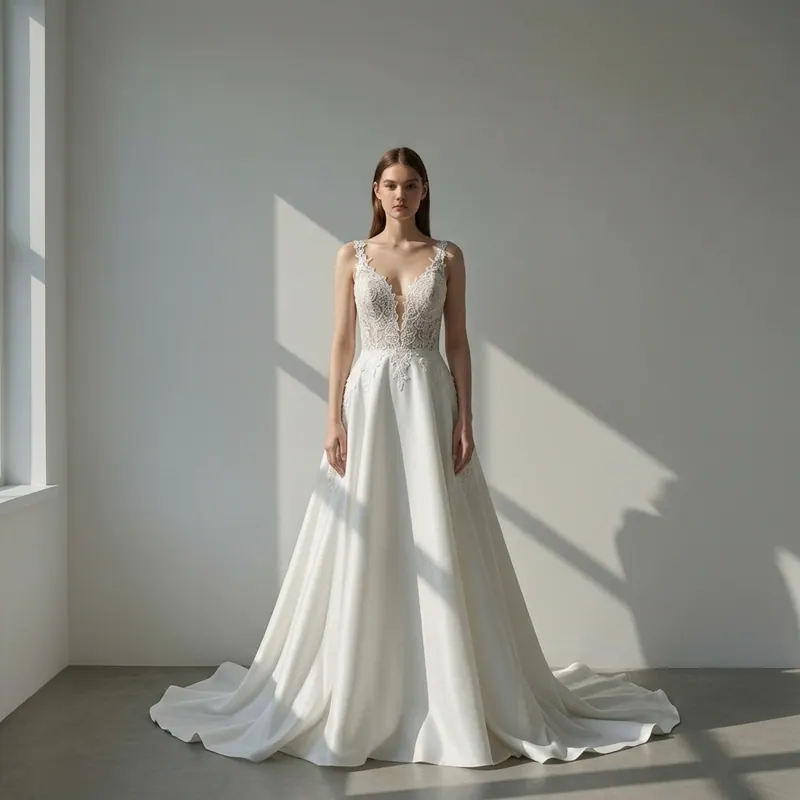 Después — vestido de novia probado en cuerpo real con IA, resultado probador virtual Después — vestido de novia probado en cuerpo real con IA, resultado probador virtual
