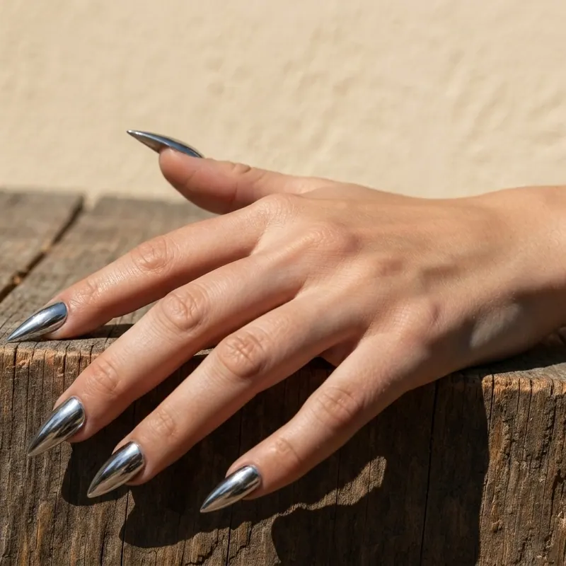 After — Rosalía nails uñas chrome silver stiletto Motomami manicure virtual try-on result on real body, AI generated After — Rosalía nails uñas chrome silver stiletto Motomami manicure virtual try-on result on real body, AI generated