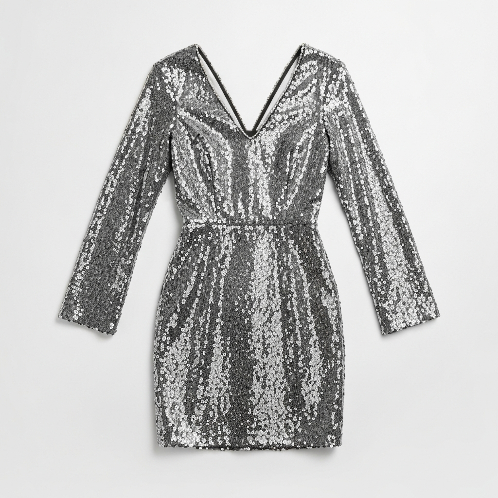 Sabrina Carpenter silver sequined mini dress reference — AI try-on