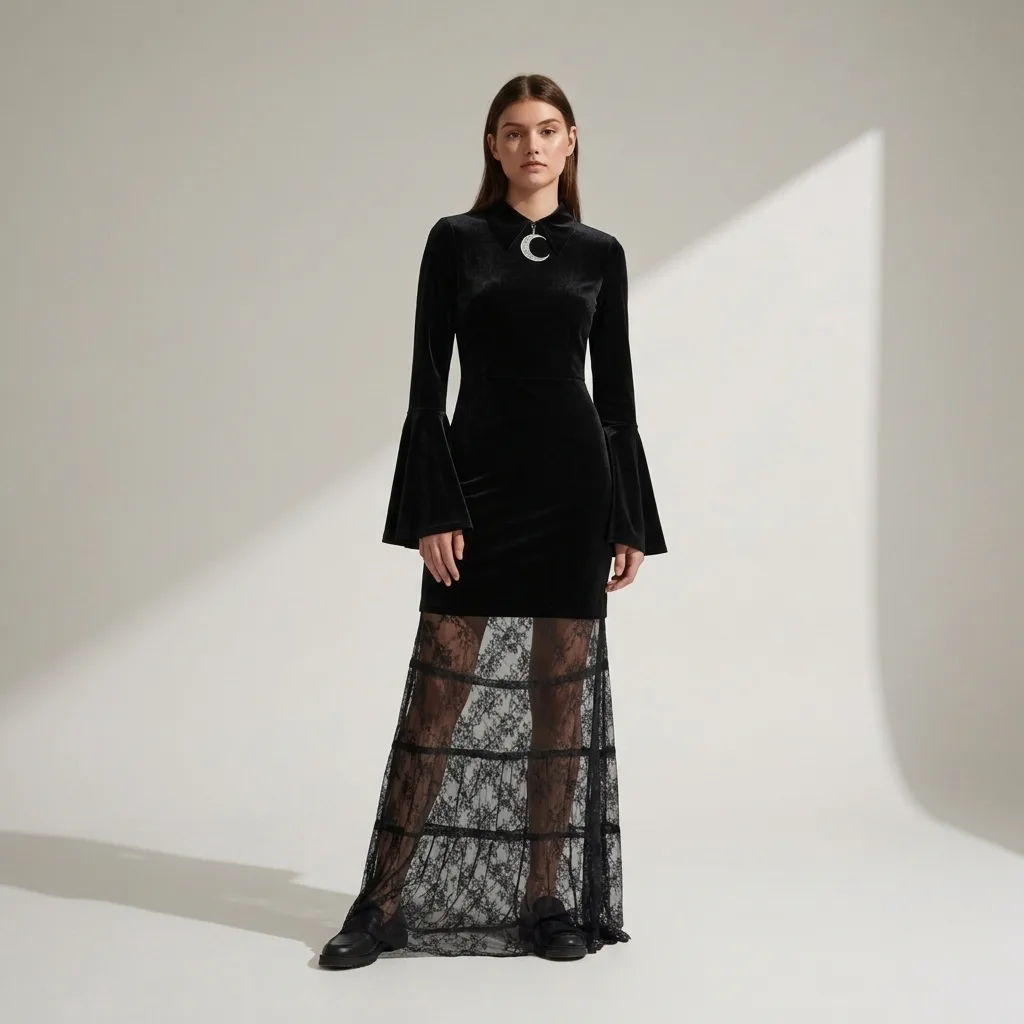 After — witchcore, cybergoth, fairycore, whimsigoth upload the velvet / neon / silk piec virtual try-on result on real body, AI generated