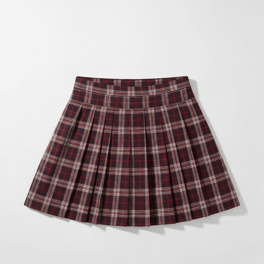 TWICE burgundy plaid pleated mini skirt reference — AI try-on