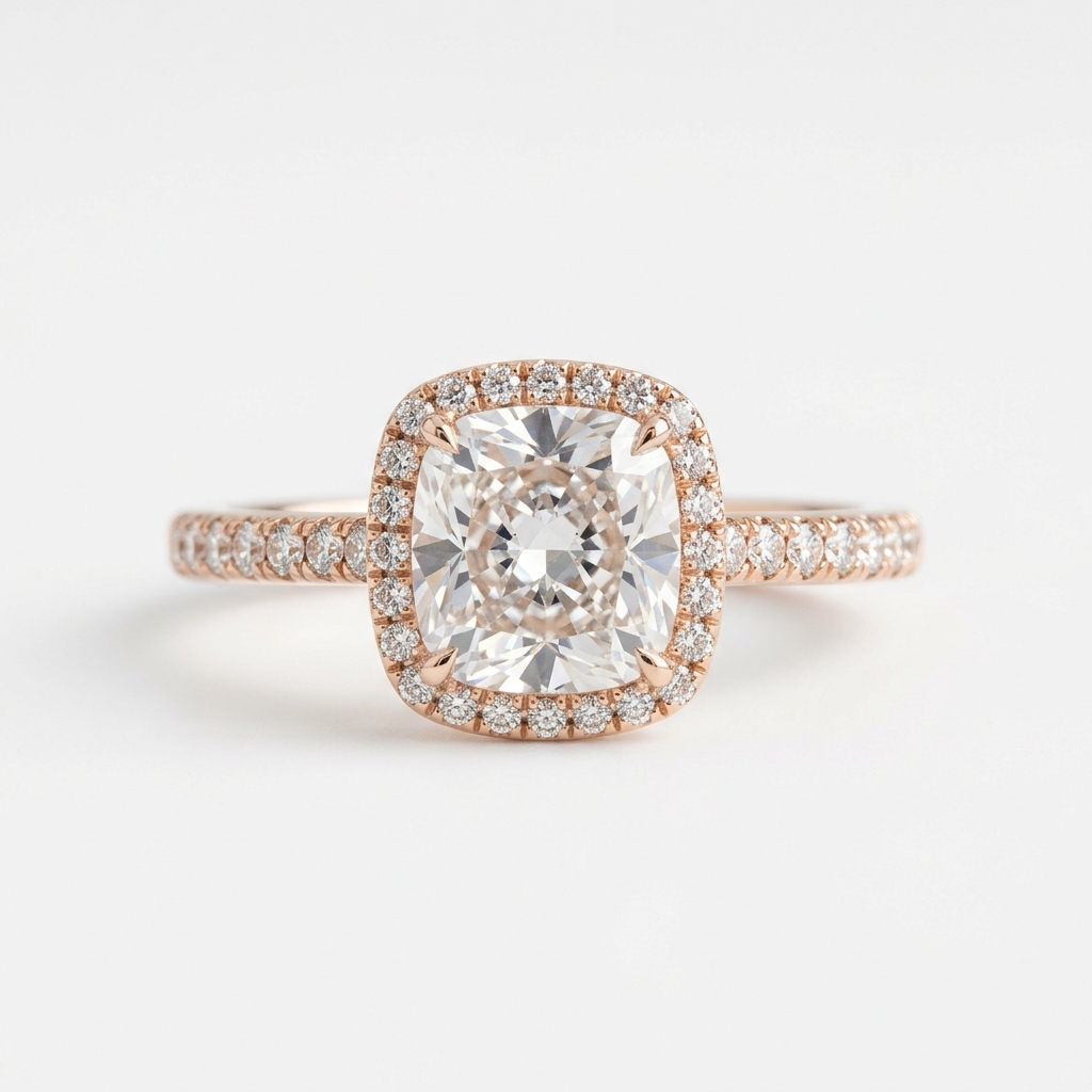 Halo + pavé rose gold — virtual try-on preset · Agalaz